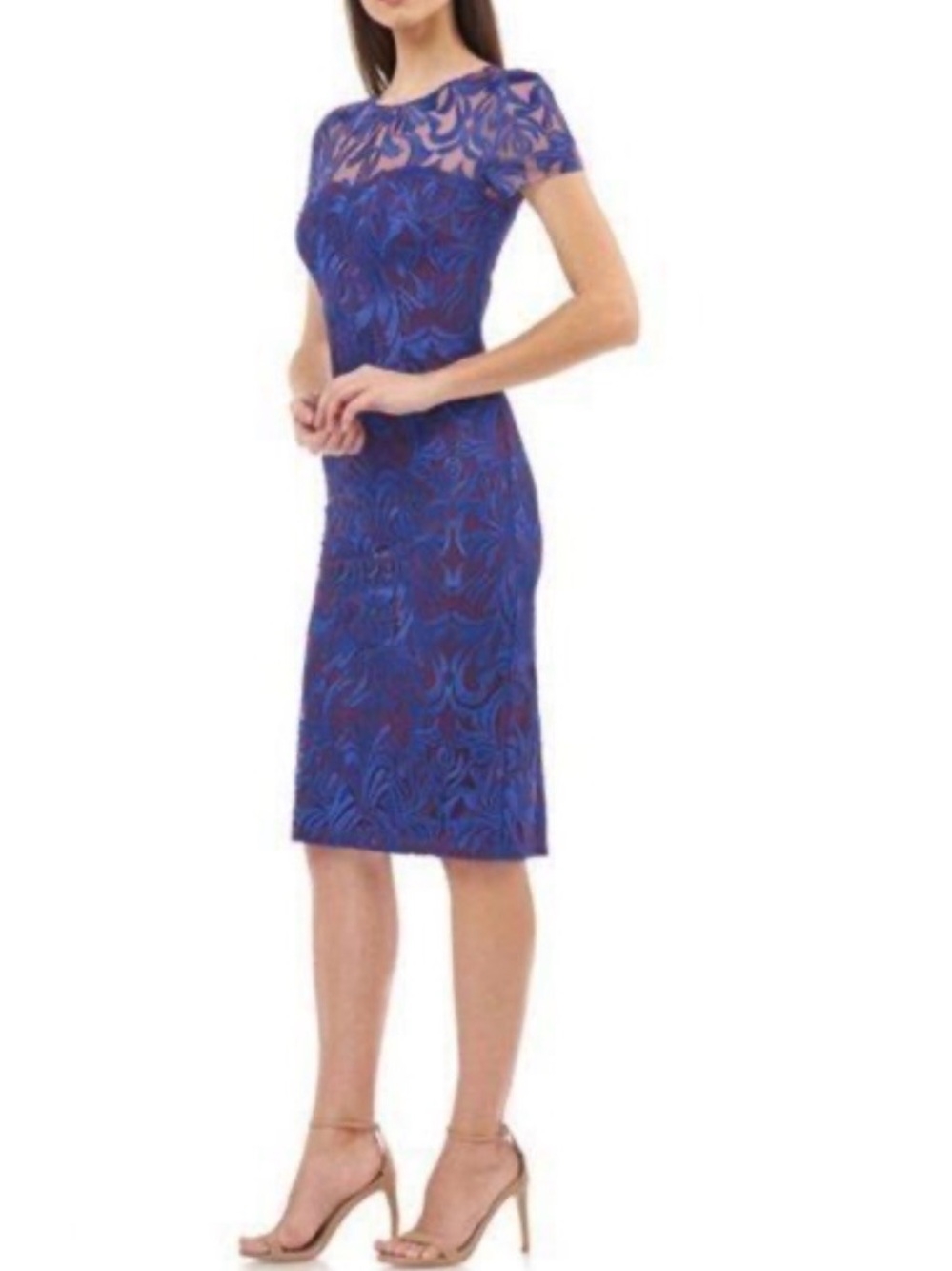 JS Collections Blue Embroidered Illusion Sheath Midi Dress